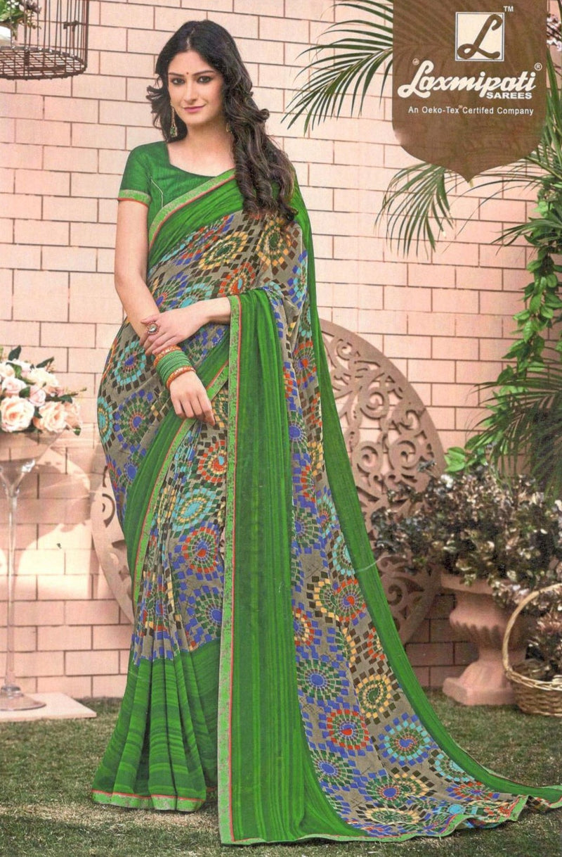 Lively Green Georgette Saree with Multi-Color Geometric Prints