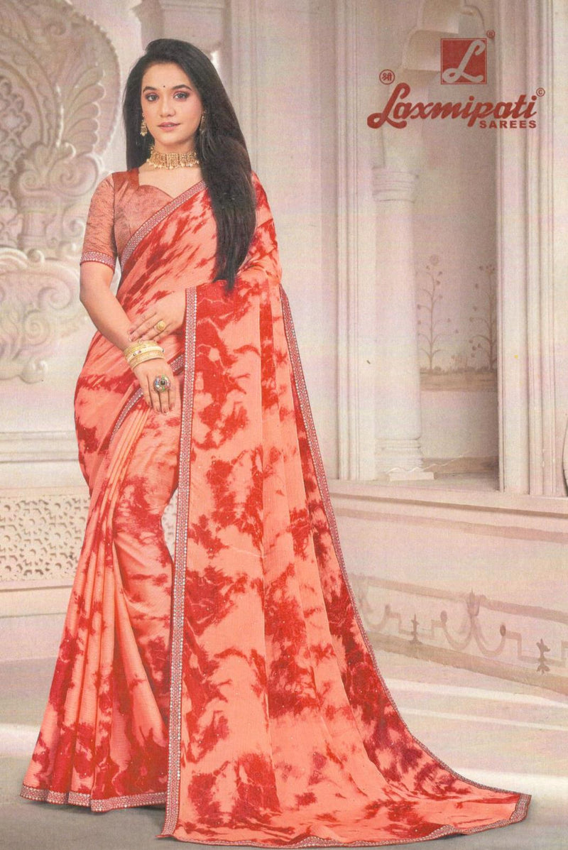 Chic Peach Georgette Saree with Abstract Tie-Dye Print & Shimmer Border