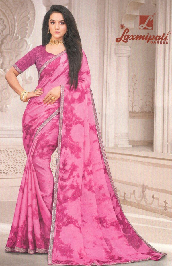 Bold Hot Pink Georgette Saree with Abstract Tie-Dye & Embellished Border