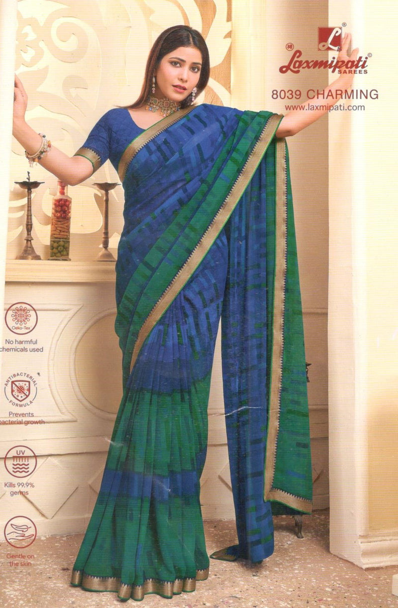 Charming Blue Green Georgette Saree with Checkered Print & Gold Border