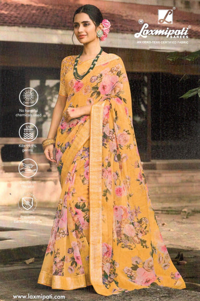 Radiant Yellow Floral Print Saree with Pink Blooms & Zari Border