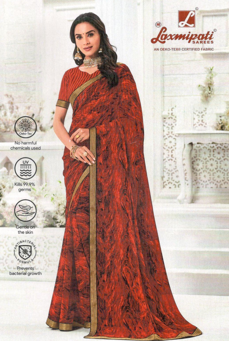 Elegant Maroon Abstract Print Saree with Golden Piping Detail