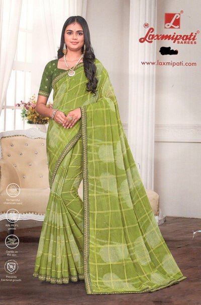 Fresh Green Checkered Saree with Subtle Floral Motifs & Gold Border
