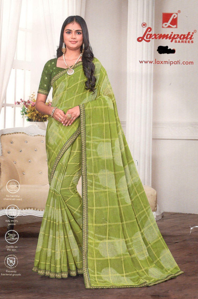 Fresh Green Checkered Saree with Subtle Floral Motifs & Gold Border