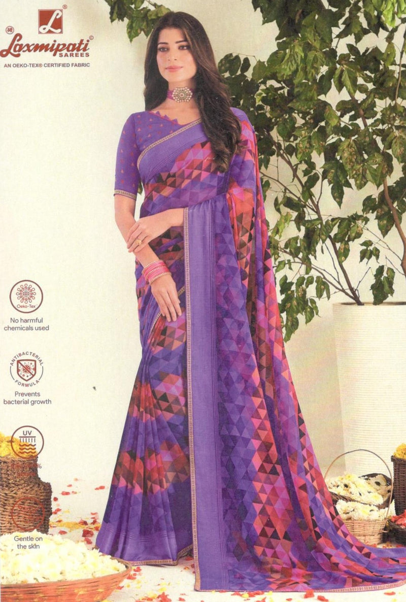 Vibrant Purple Georgette Saree with Multi-Color Geometric Pattern