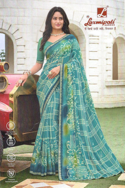 Charming Teal Aqua Saree with Dual Checkered & Wavy Print