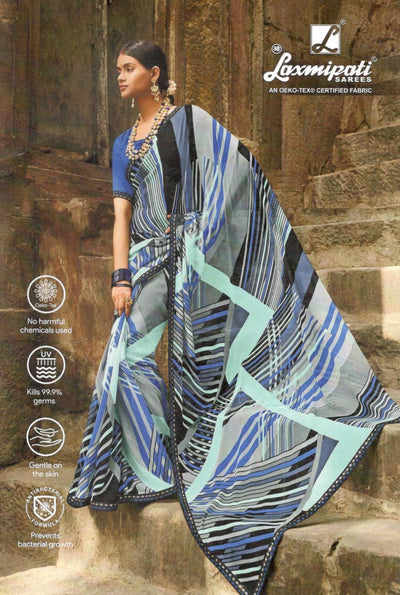 Chic Blue & Black Georgette Saree with Abstract Stripes