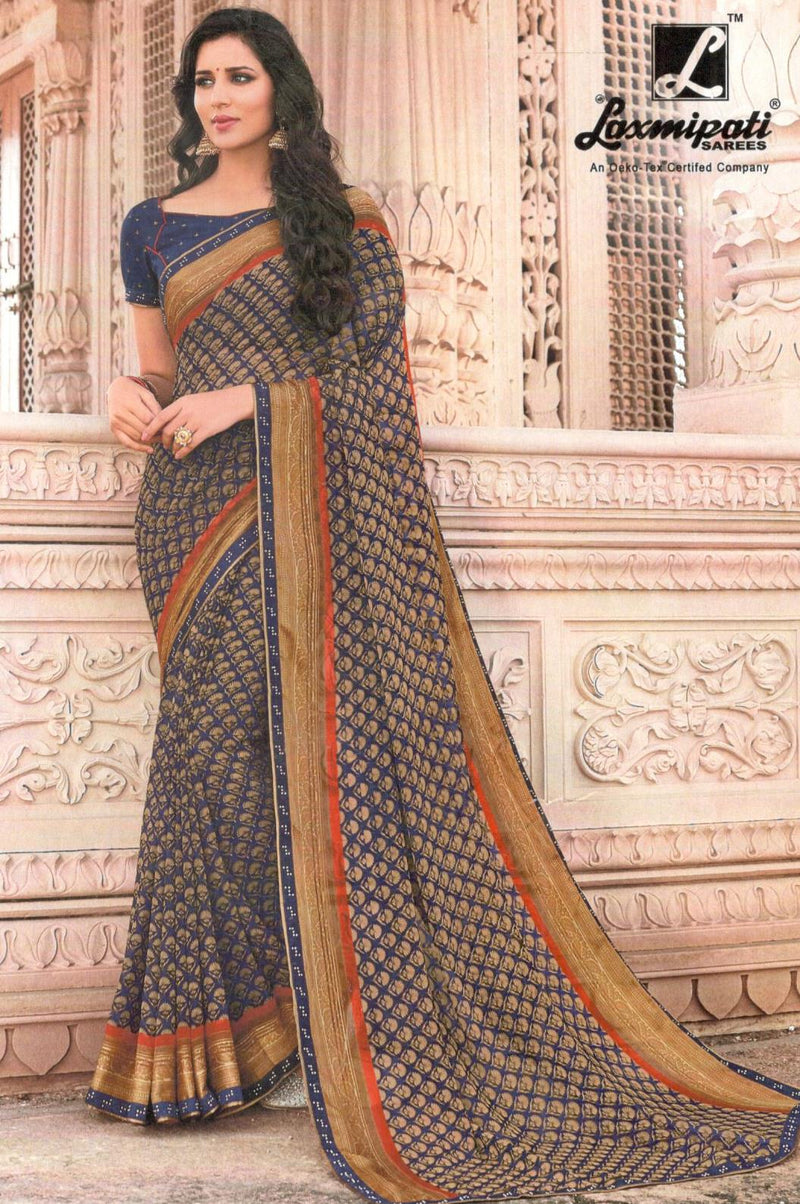 Regal Navy Blue Art Silk Saree with Golden Motif Weave