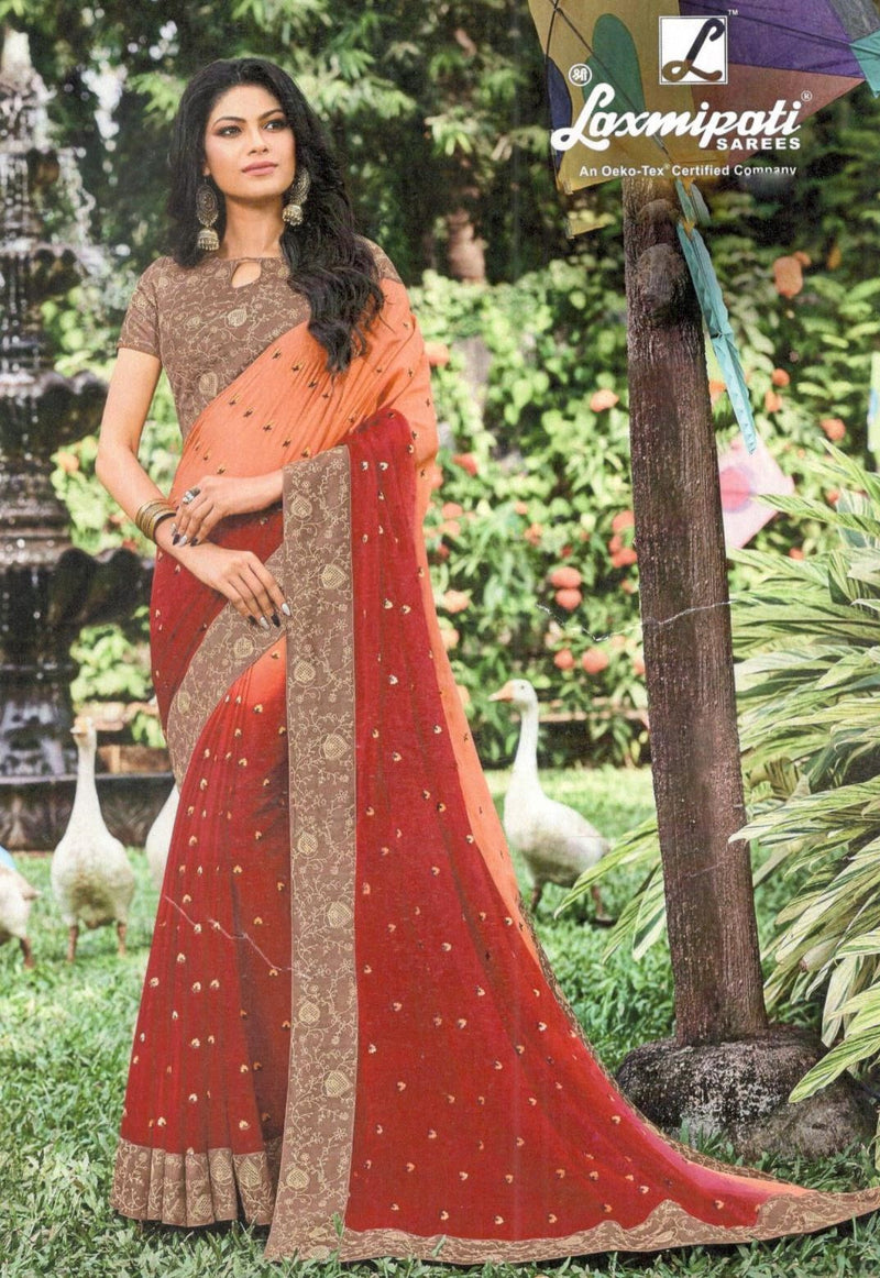 Elegant Peach & Rust Ombre Georgette Saree with Zari Work