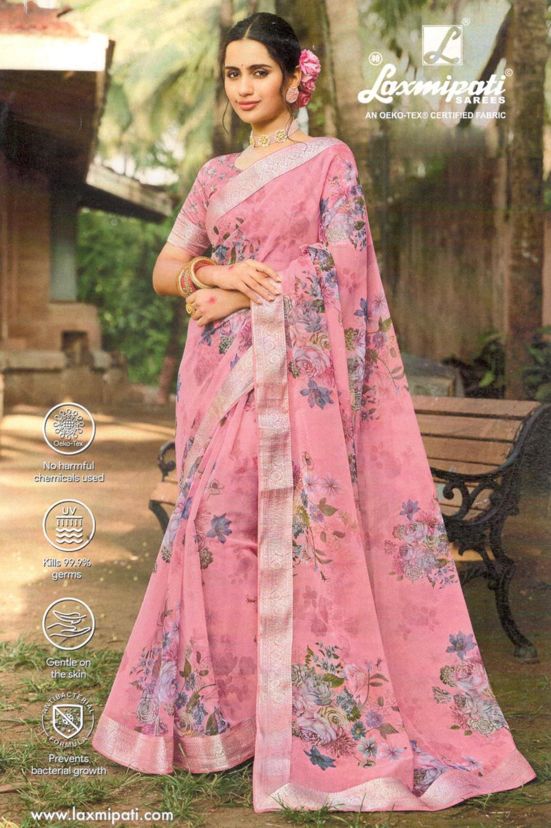 Serene Pastel Pink Floral Print Chiffon Saree