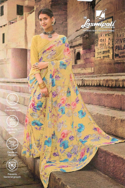 Vibrant Yellow Floral Print Georgette Saree
