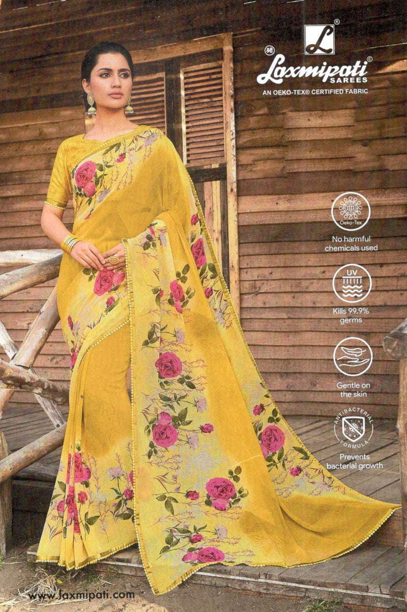 Radiant Yellow Floral Print Georgette Saree with Rose Motifs