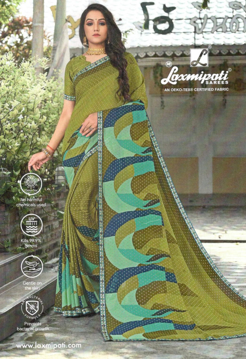 Contemporary Olive Green Georgette Saree with Blue Geometric Print