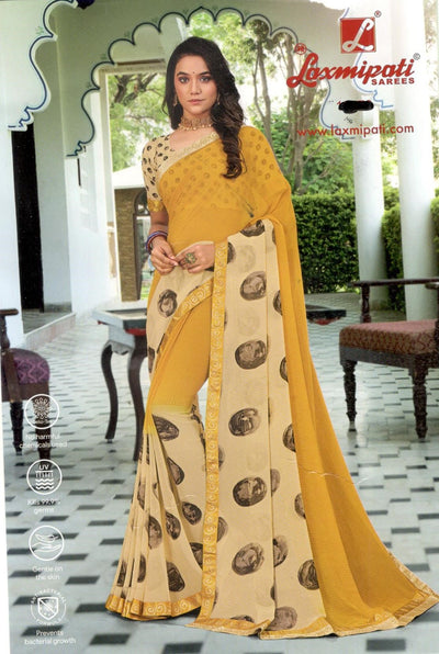 Chic Yellow & Cream Dual-Tone Georgette Saree with Graphic Print