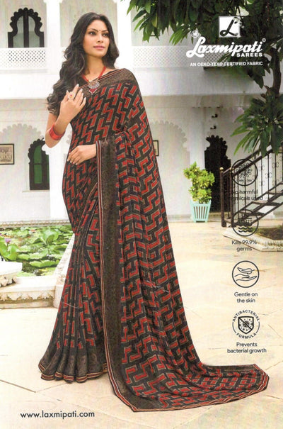 Chic Black & Red Abstract Print Saree - Elegant Party Wear