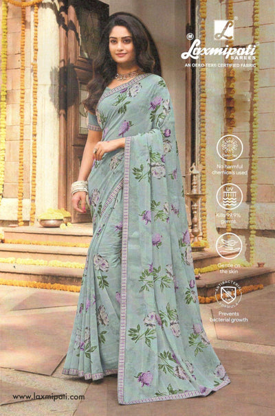 Charming Light Blue Floral Print Saree - Refreshing Daily Style