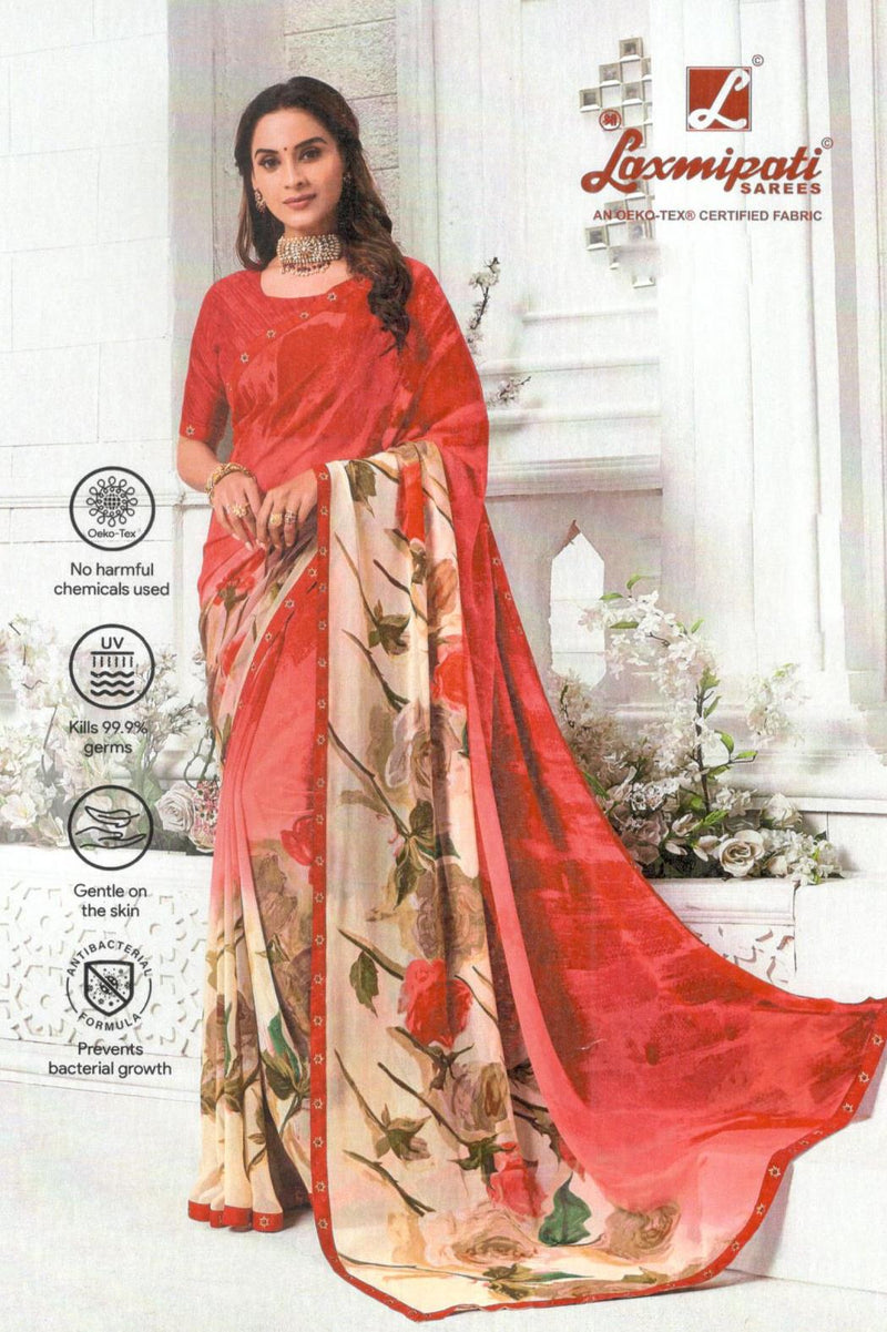 Graceful Red & Cream Floral Print Saree - Modern Festive Look