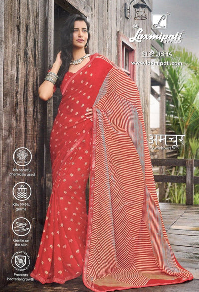 Captivating Red Georgette Saree with Floral & Stripe Patterns