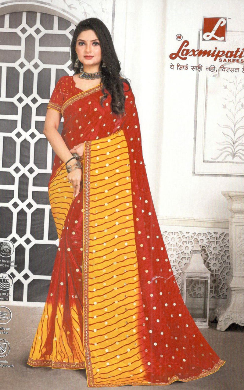 Playful Dual-Tone Red & Yellow Saree with Polka Dots & Stripes