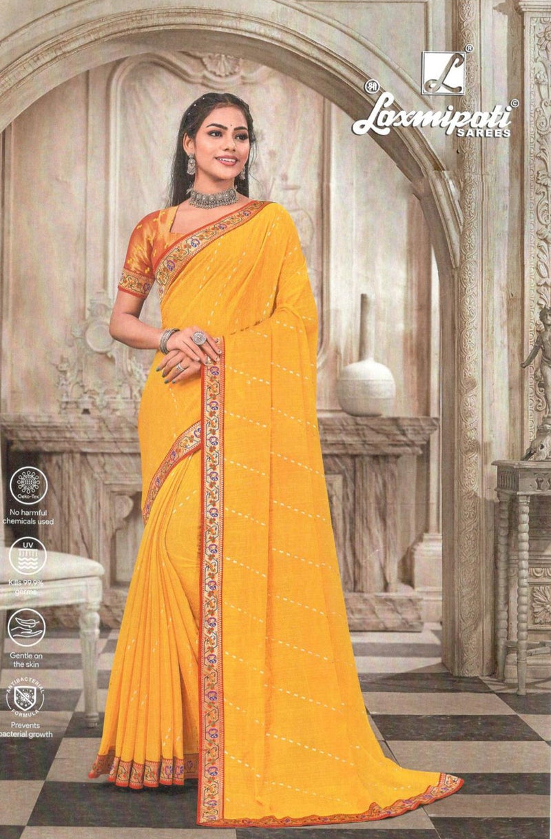 Sunny Yellow Fancy Saree with Dotted Stripe Design
