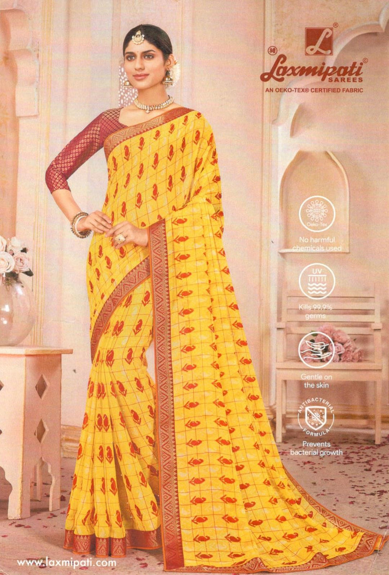 Vibrant Yellow & Red Georgette Saree with Festive Print