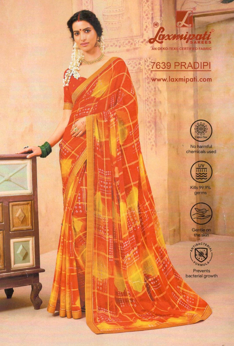 Radiant Orange & Yellow Georgette Saree with Bandhani-Inspired Print