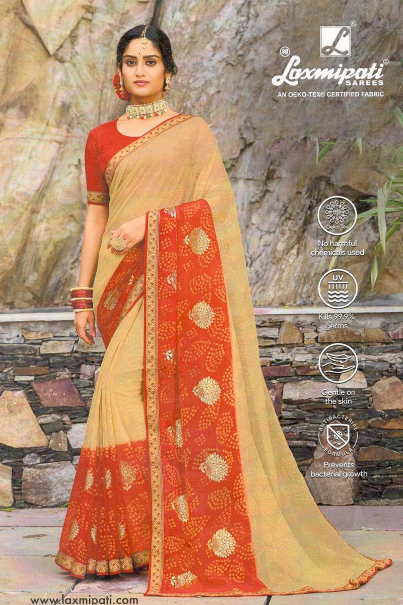 Elegant Beige & Red Georgette Saree with Golden Floral Motifs