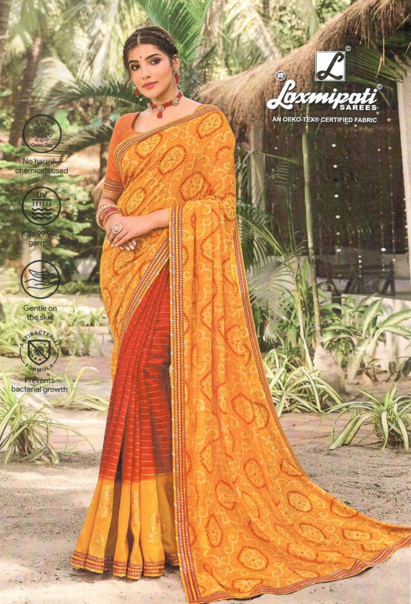 Lively Yellow & Red Dual-Tone Georgette Saree with Paisley Print