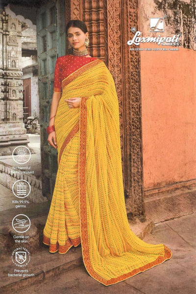 Sunny Yellow Georgette Saree with Red Bandhani Dots & Border