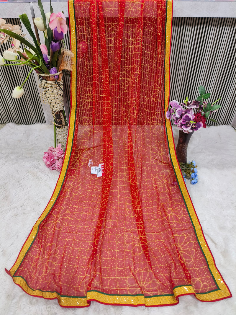 Rich Red Geometric Shimmer Georgette Blend Fancy Saree with Green Border