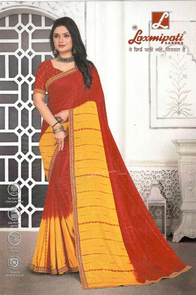 Rich Red & Mustard Yellow Dual-Tone Georgette Saree