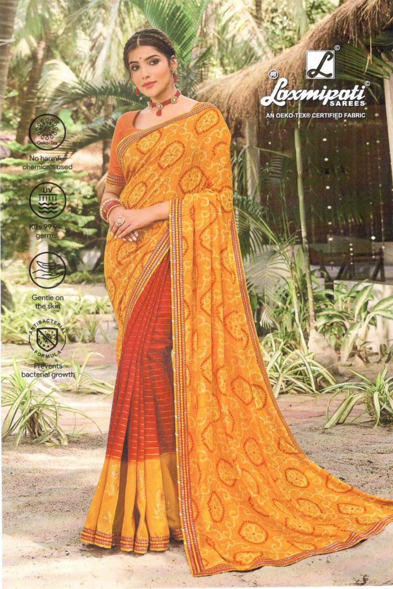 Vibrant Yellow & Orange Bandhani Print Georgette Saree