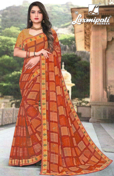 Elegant Orange Checkered Print Georgette Saree with Leaf Border