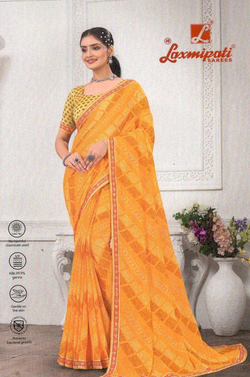 Sunny Yellow Geometric Print Georgette Saree with Orange Border