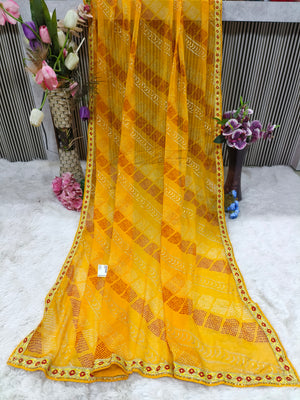 Amber Yellow Diagonal Pattern Georgette Blend Fancy Saree