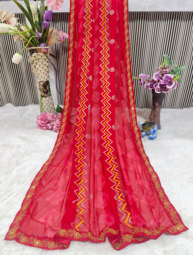 Vibrant Red Chevron Pattern Georgette Blend Fancy Saree
