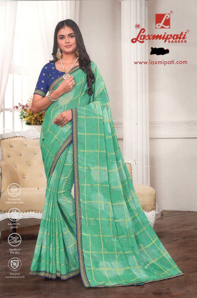Refreshing Sea Green Checkered Georgette Saree with Blue Border