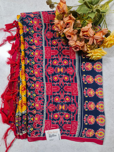 Vibrant Navy Blue Printed Saree with Elephant Motifs and Red Tassels