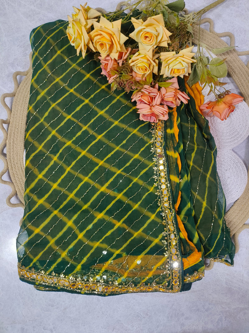 Stunning Emerald Green Leheriya Fancy Saree with Gota Patti and Mirror Border