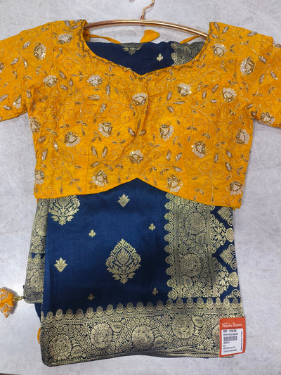 Regal Navy Blue Saree with Golden Zari & Embroidered Mustard Blouse