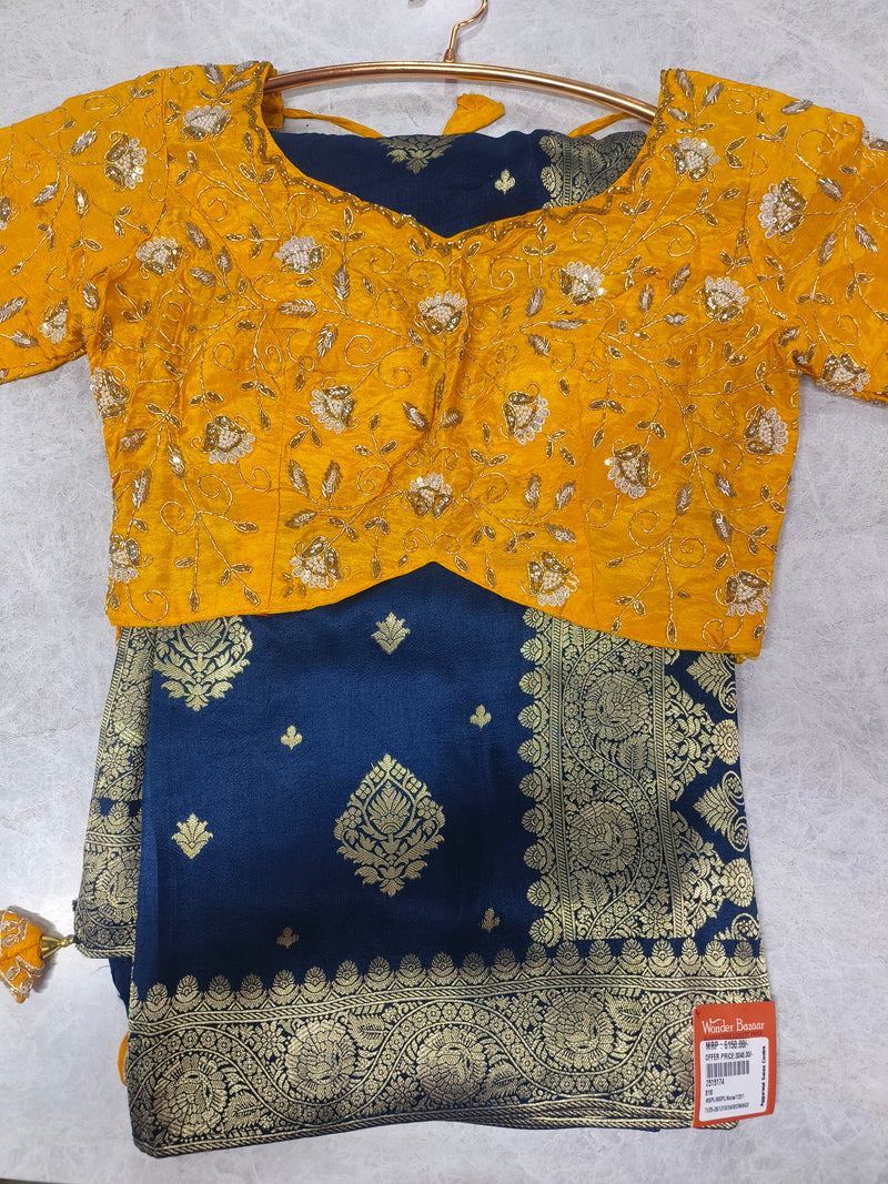 Regal Navy Blue Saree with Golden Zari & Embroidered Mustard Blouse