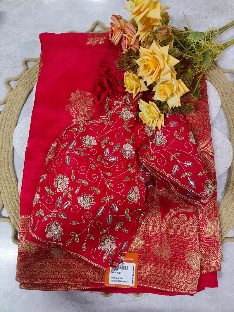 Radiant Red Banarasi Silk Saree with Intricate Gold Zari and Embroidered Blouse