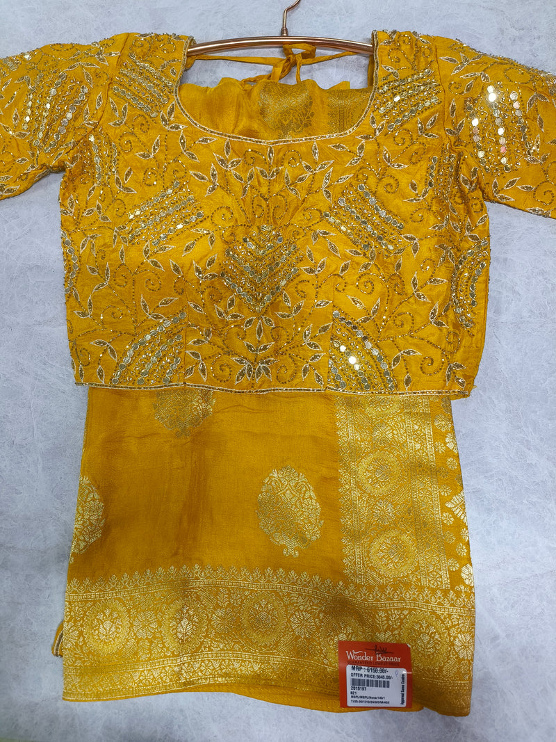 Regal Navy Blue Saree with Golden Zari & Embroidered Mustard Blouse