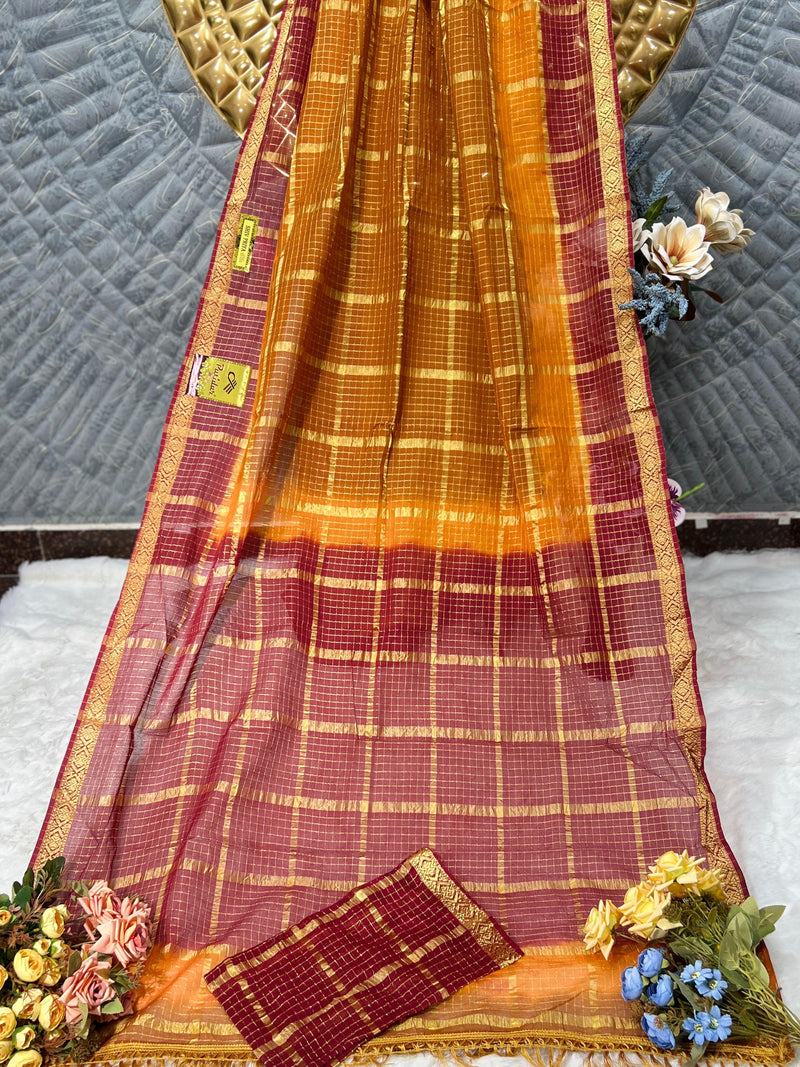Sunshine Ombre Kota Cotton Saree with Golden Zari Checks