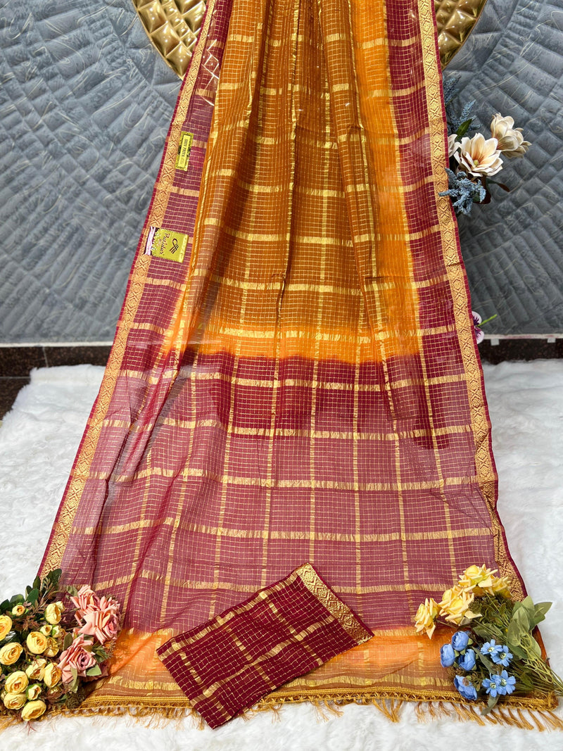 Vibrant Ombre Orange Maroon Kota Doria Saree with Golden Zari Checks