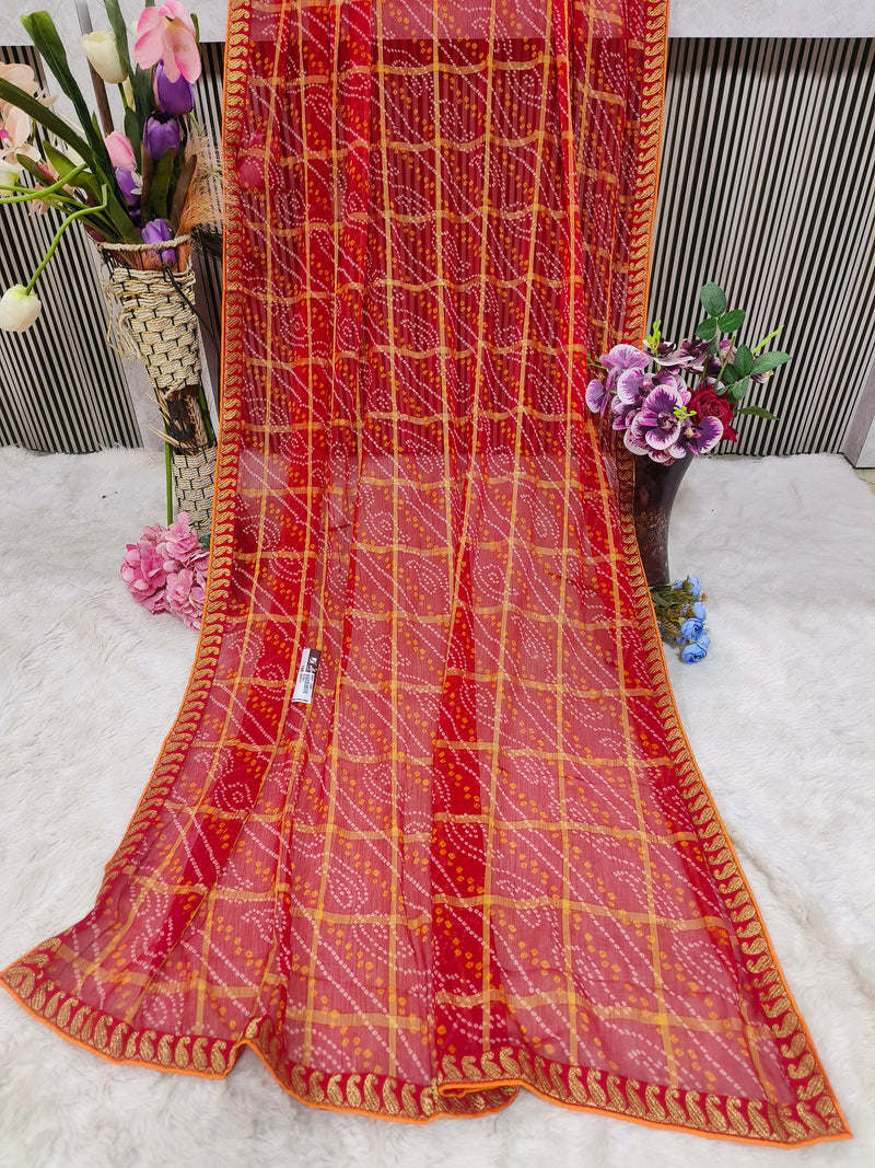 Charming Fiery Red Printed Georgette Saree with Bandhani Checks