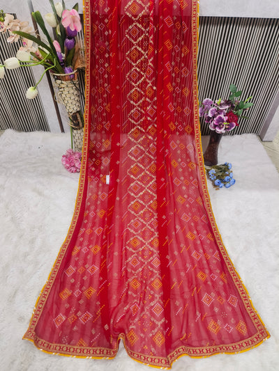 Elegant Fiery Red Printed Saree with Bandhani Diamond Motifs