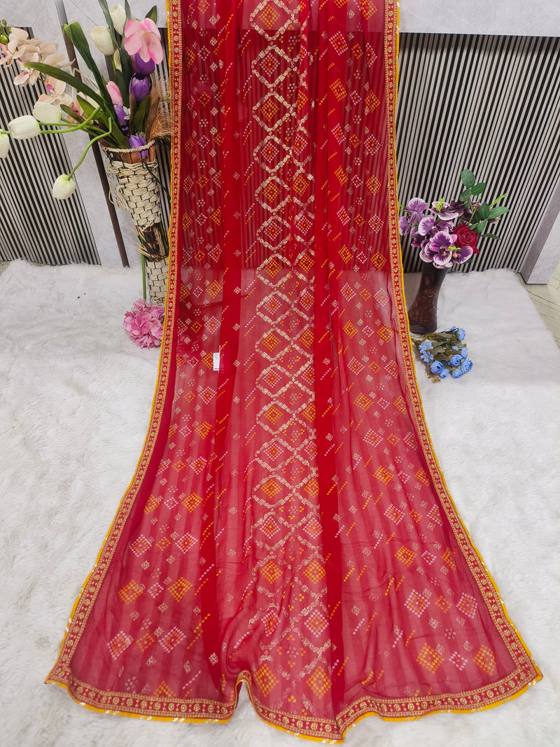 Elegant Fiery Red Printed Saree with Bandhani Diamond Motifs