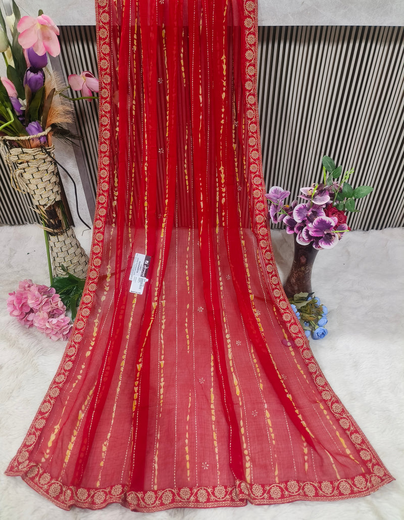 Graceful Fiery Red Printed Saree with Bandhani Stripe Design