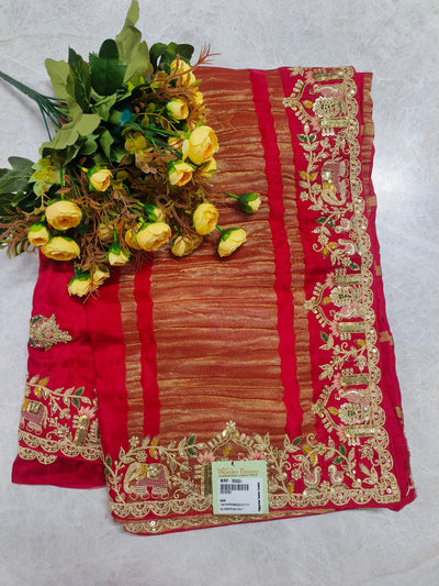 Radiant Rani Pink Pleated Georgette Saree with Elephant Zari Border